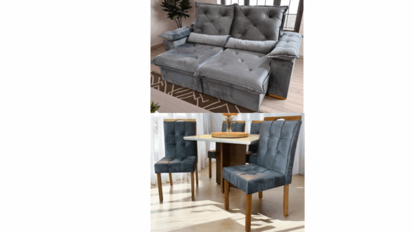 Mesa Salinas 90 Cinamomo/Off White com 4 Cadeiras +Sofá Retrátil e Reclinável Porto Madero 2,00 m Veludo -total
