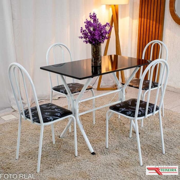 Mesa de Cozinha Base Cabo Frio Branca Tampo Preto Pedra 100x60 4 Cadeiras Ubatuba Branca Assento Preto - Teixeira (rf) - Imagem 2