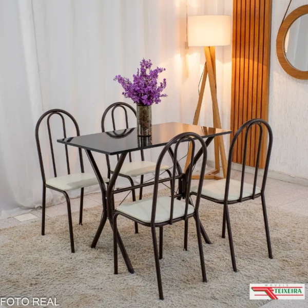 Mesa de Cozinha Base Cabo Frio Marrom Tampo Preto Pedra 100x60 4 Cadeiras Ubatuba Marrom Assento Branco - Teixeira (rf)