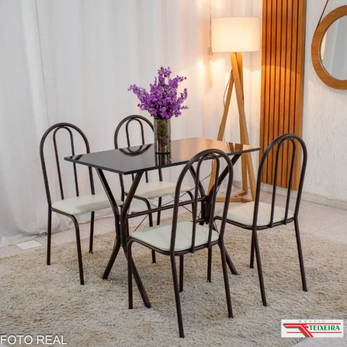 Mesa de Cozinha Base Cabo Frio Marrom Tampo Preto Pedra 100x60 4 Cadeiras Ubatuba Marrom Assento Branco - Teixeira (rf)