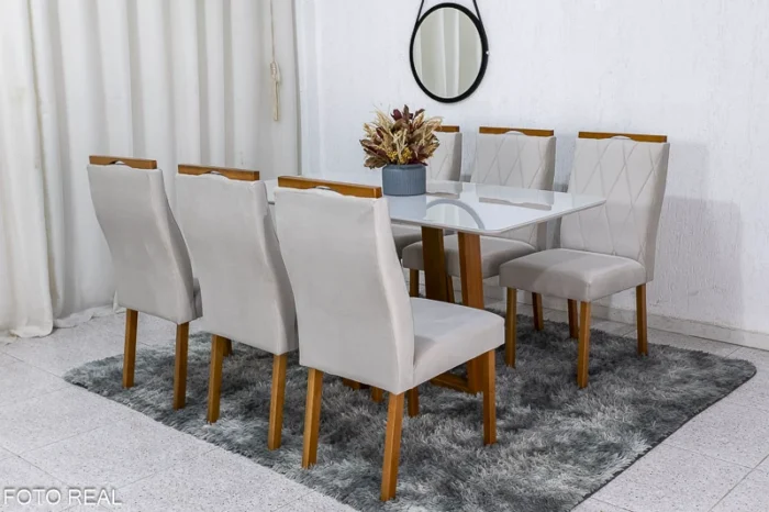.Mesa de Jantar Pedro Mel Vidro Off 160×80 6 Cadeiras Lisboa Veludo Marrom 509 Madeira Maciça Art Assento - Entregue Montada(ruffer). - Imagem 3