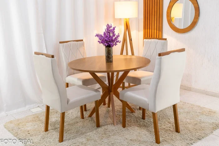.Mesa de Jantar Simpatia Tampo Redondo 108×108 Cinamomo 4 Cad. Lisboa Veludo  Madeira Maciça - Entregue Montada (ruffer). - Imagem 7