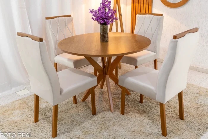 .Mesa de Jantar Simpatia Tampo Redondo 108×108 Cinamomo 4 Cad. Lisboa Veludo  Madeira Maciça - Entregue Montada (ruffer). - Imagem 8
