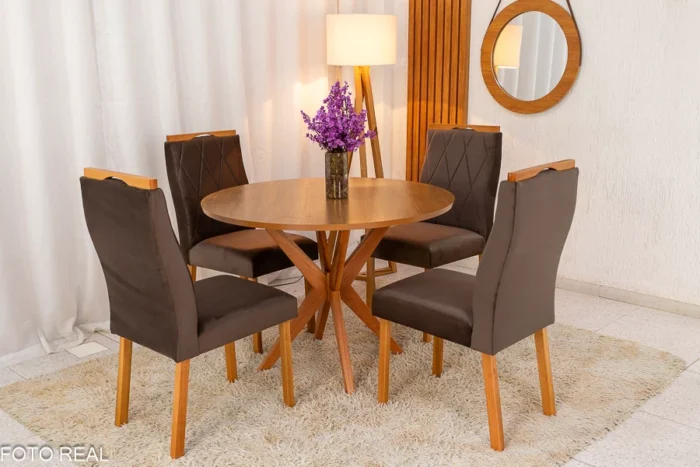 .Mesa de Jantar Simpatia Tampo Redondo 108×108 Cinamomo 4 Cad. Lisboa Veludo  Madeira Maciça - Entregue Montada (ruffer). - Imagem 2
