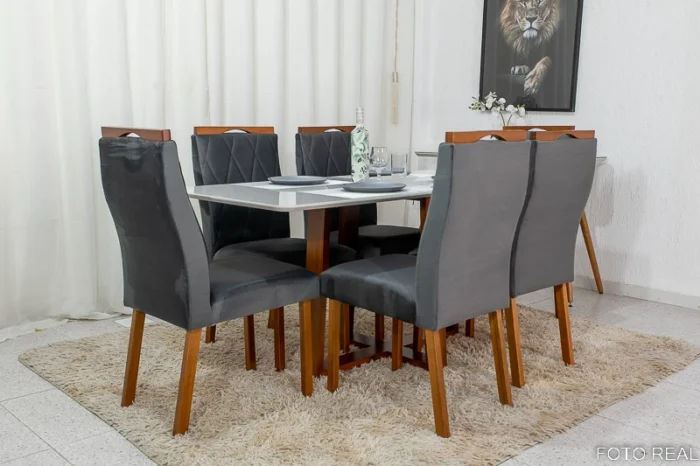 .Mesa de Jantar Pedro Mel Vidro Off 160×80 6 Cadeiras Lisboa Veludo Marrom 509 Madeira Maciça Art Assento - Entregue Montada(ruffer). - Imagem 7