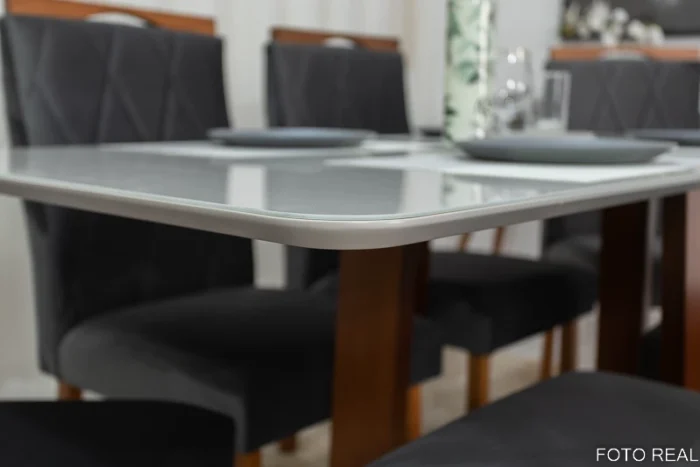 .Mesa de Jantar Pedro Mel Vidro Off 160×80 6 Cadeiras Lisboa Veludo Marrom 509 Madeira Maciça Art Assento - Entregue Montada(ruffer). - Imagem 9