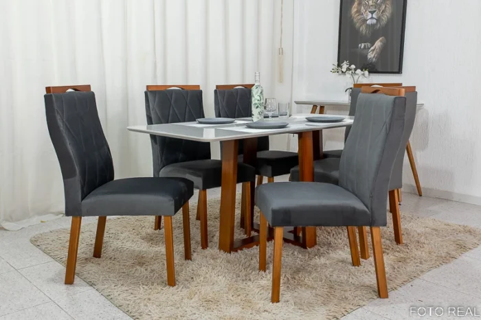 .Mesa de Jantar Pedro Mel Vidro Off 160×80 6 Cadeiras Lisboa Veludo Marrom 509 Madeira Maciça Art Assento - Entregue Montada(ruffer). - Imagem 6
