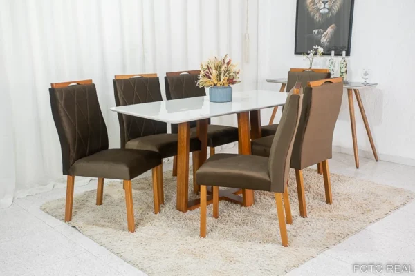 .Mesa de Jantar Pedro Mel Vidro Off 160×80 6 Cadeiras Lisboa Veludo Marrom 509 Madeira Maciça Art Assento - Entregue Montada(ruffer).
