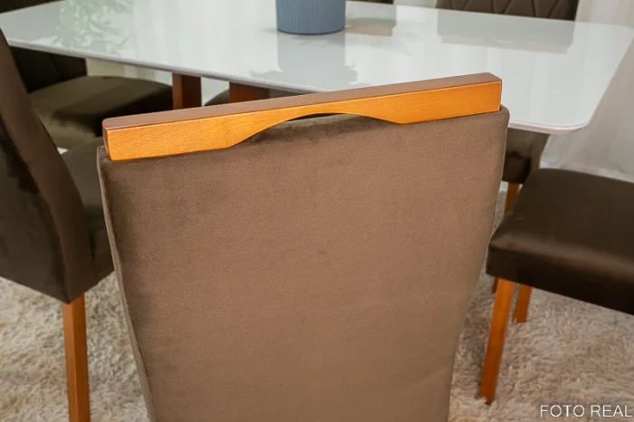 .Mesa de Jantar Pedro Mel Vidro Off 160×80 6 Cadeiras Lisboa Veludo Marrom 509 Madeira Maciça Art Assento - Entregue Montada(ruffer). - Imagem 14