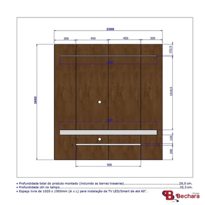 Painel Leme TV até 60 Polegadas Larg. 1.50m Impressão Ripada 3D Ripado/Off White Bechara - Imagem 4
