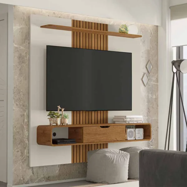 Painel Lisboa Ripado 3D TV até 65 Polegadas Larg. 1.58m Off/Nature Bechara (rf)