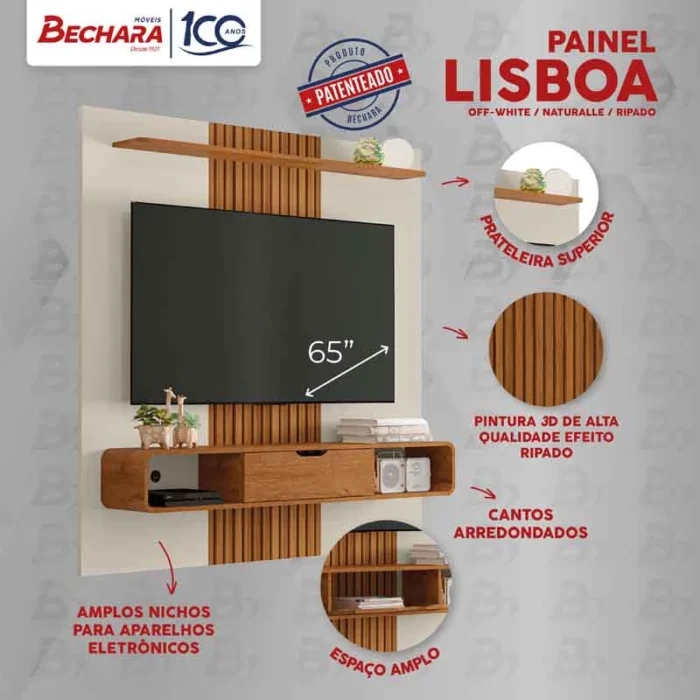 Painel Lisboa Ripado 3D TV até 65 Polegadas Larg. 1.58m Off/Nature Bechara (rf) - Imagem 5