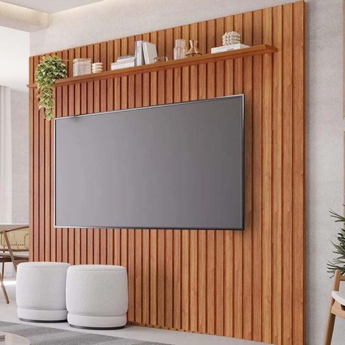 Rack Holanda Cinamomo Ripado 100% MDF Larg. 2.05m + Painel Maragogi Cinamomo Ripado 100% MDF Larg. 2.30m - Permobili (rf) - Imagem 3