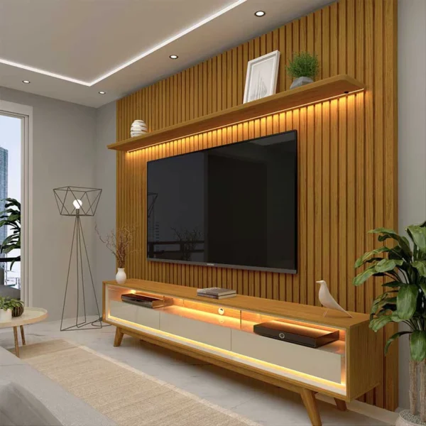 Rack Requinte Naturale/off Larg. 2.12m + Painel Nobre Naturale Ripado C/ Led 100% MDF TV até 85 Polegadas Larg. 2.30m - Gelius (rf)