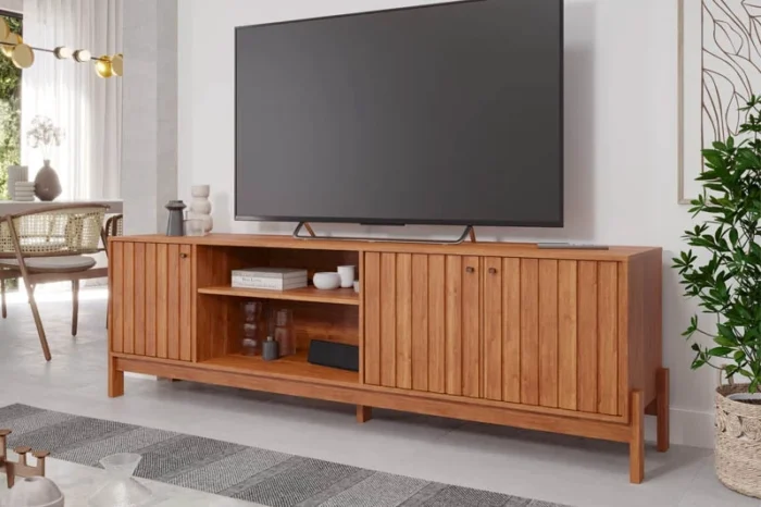 Rack Holanda Cinamomo Ripado 100% MDF Larg. 2.05m + Painel Maragogi Cinamomo Ripado 100% MDF Larg. 2.30m - Permobili (rf) - Imagem 5