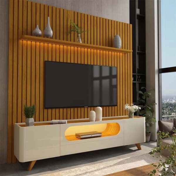 Rack Nobre Off/Naturale Larg. 2.10m + Painel Nobre Naturale Ripado C/ Led 100% MDF TV até 85 Polegadas Larg. 2.30m - Gelius (rf)
