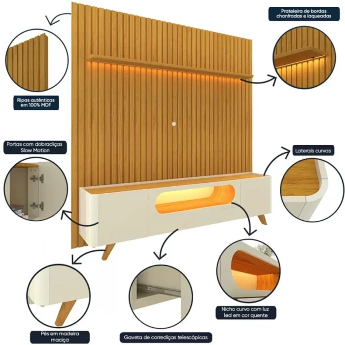 Rack Nobre Off/Naturale Larg. 2.10m + Painel Nobre Naturale Ripado C/ Led 100% MDF TV até 85 Polegadas Larg. 2.30m - Gelius (rf) - Imagem 2