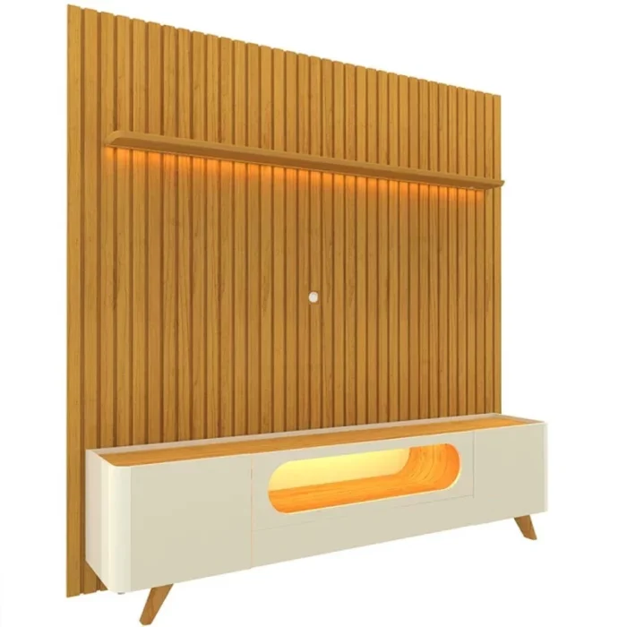 Rack Nobre Off/Naturale Larg. 2.10m + Painel Nobre Naturale Ripado C/ Led 100% MDF TV até 85 Polegadas Larg. 2.30m - Gelius (rf) - Imagem 3