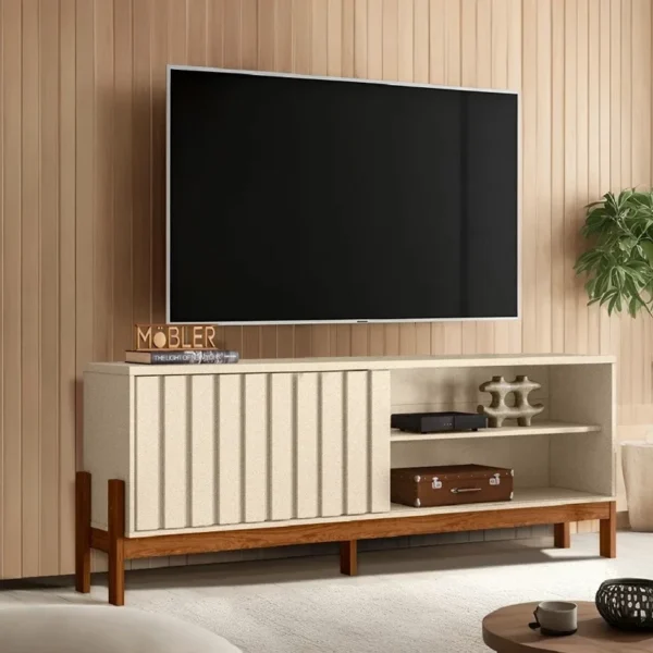 Rack Bancada New Aurora Pérola Metalizada/Cinamomo Mel TV até 75" Larg. 1.88m - Mobler (rf)