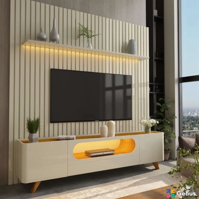 Rack Nobre Off/Naturale Larg. 2.10m + Painel Nobre Naturale Ripado C/ Led 100% MDF TV até 85 Polegadas Larg. 2.30m - Gelius (rf) - Imagem 4