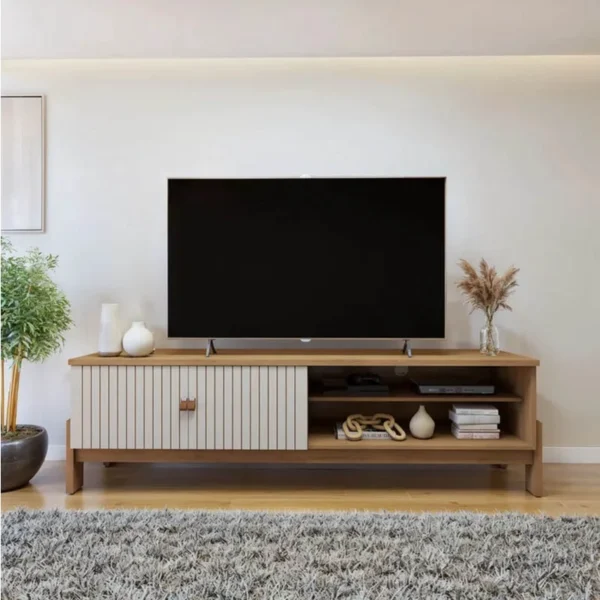 Rack Bancada Ouro Preto Cinamomo/Off com Detalhe Frisado TV até 65 Polegadas Larg. 1.64m - Valdemóveis (rf)
