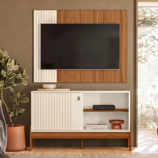 Rack e Painel Wood Pérola Metalizada-Cinamomo Mel Larg. 1.20m - Mobler (rf)
