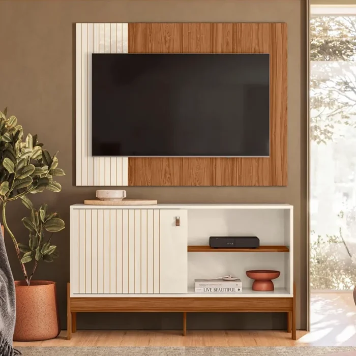 Rack e Painel Wood Pérola Metalizada-Cinamomo Mel Larg. 1.20m - Mobler (rf)