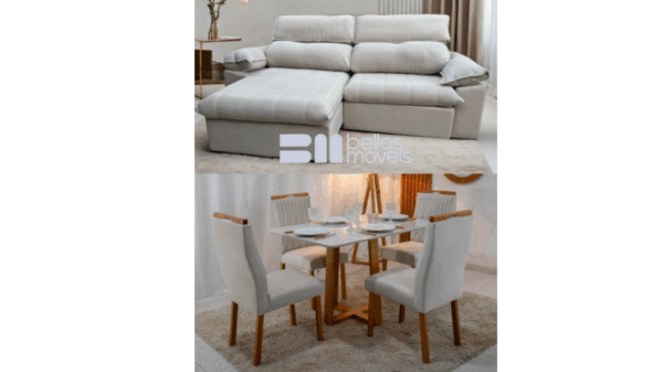Sofá Retrátil e Reclinável Jackson 2,50 m Bege Veludo+Mesa Pedro Mel Vidro OFF 120×80 4 Cadeiras-t-r