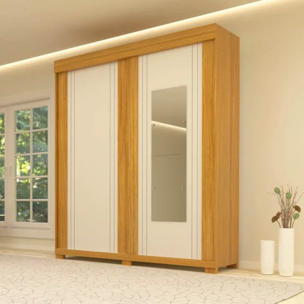 Roupeiro Heloisa Nature/Off 2 Portas C/ 1 Espelho e Pés 100% MDF Larg. 1.80m - ACP (rf)