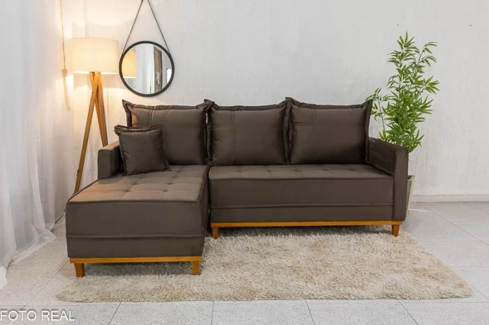 Sofá 3 Lug. Milão C/Chaise Lado Direito Veludo Marrom 815 Larg. 2.30m - Molas Ensacadas-rufer