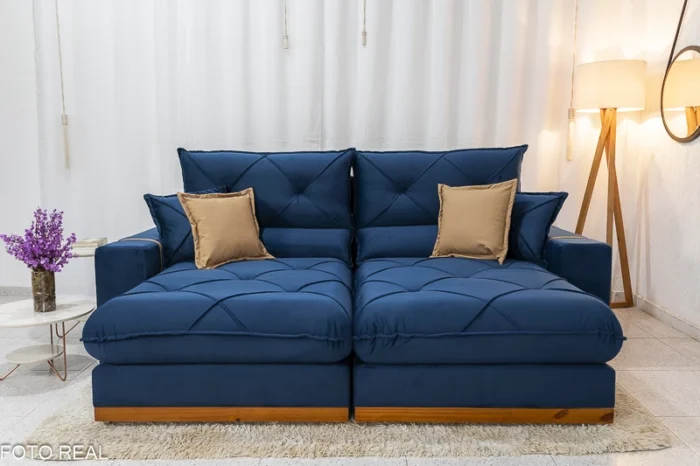 Sofá Retrátil Reclinável Gran Bello 2.50m Veludo Azul 03 - Molas Ensacadas Pocket-rufer - Imagem 2
