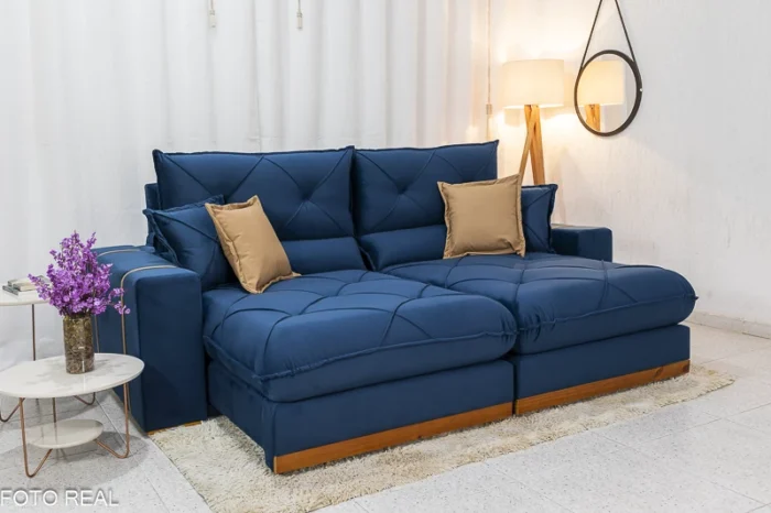 Sofá Retrátil Reclinável Gran Bello 2.50m Veludo Azul 03 - Molas Ensacadas Pocket-rufer