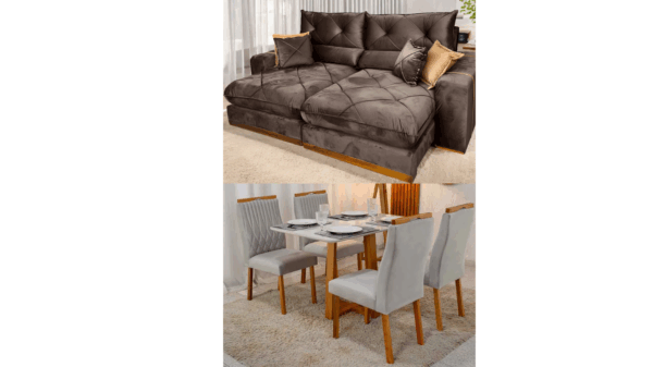 Mesa Pedro Mel Vidro OFF 120×80 4 Cadeiras Genova Veludo +Sofá Retrátil Reclinável Gran Bello 2.00m Veludo -r