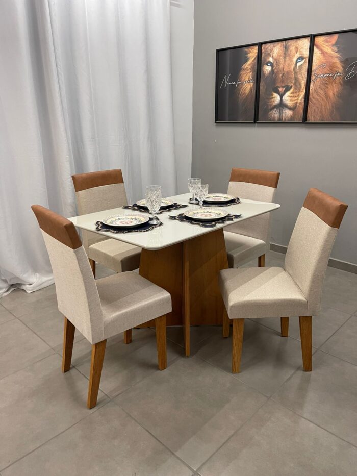 Mesa de Jantar Viena 120x90cm com 4 Cadeiras Turim Tecido Linho Viero (pr)