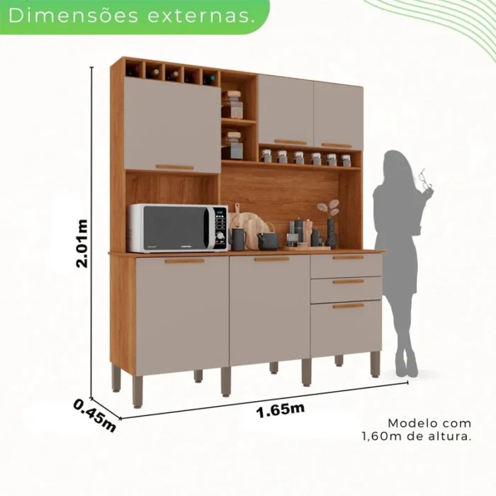 Armário Cozinha New Topázio Cinamomo/Off 6 Portas 2 Gavetas Larg. 1.65m - Sallêto-rf - Imagem 3