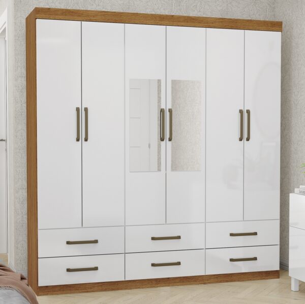 Guarda-Roupa 6 Portas(Com Espelho/Sem Pés)Dallas 1,53 m Cinamono/Branco – CARIOCA MÓVEIS (tt-pr)