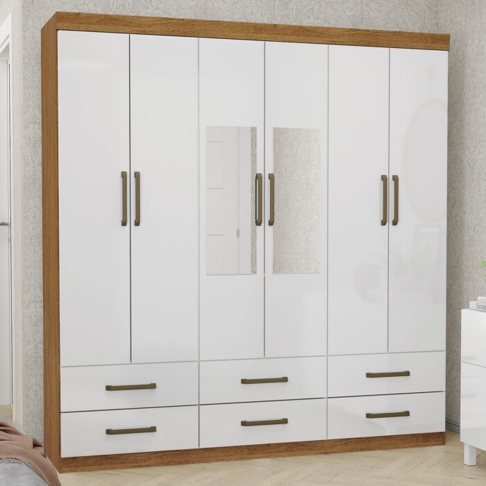 Guarda-Roupa 6 Portas(Com Espelho/Sem Pés)Dallas 1,53 m Cinamono/Branco – CARIOCA MÓVEIS (tt-pr)