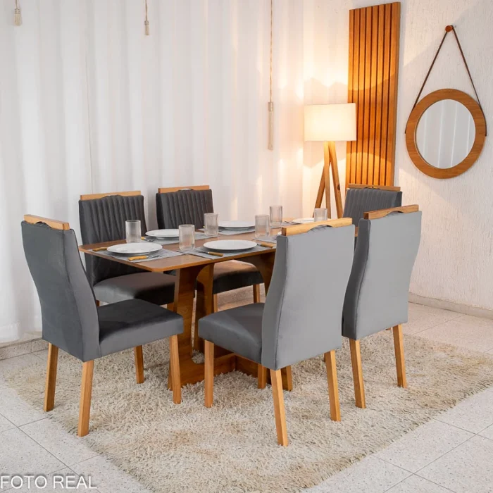 Mesa de Jantar Dubai Tampo Londres Cinamomo 160x80 6 Cadeiras Genova Veludo Cinza 507 Madeira Maciça (rf) - Imagem 5