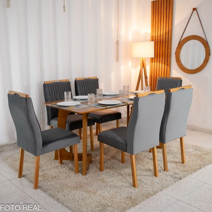 Mesa de Jantar Dubai Tampo Londres Cinamomo 160x80 6 Cadeiras Genova Veludo Cinza 507 Madeira Maciça (rf)