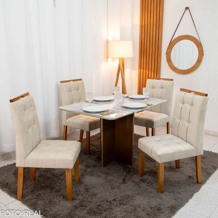 Mesa de Jantar Moscou 120x80 Cinamomo/Off Tampo Vidro Off 4 Cadeiras Londres Veludo Madeira Maciça Minas Plac - (rf) - Imagem 2