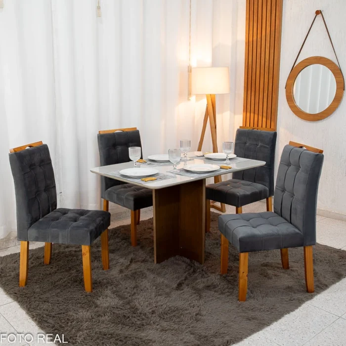 Mesa de Jantar Moscou 120x80 Cinamomo/Off Tampo Vidro Off 4 Cadeiras Londres Veludo Madeira Maciça Minas Plac - (rf) - Imagem 8