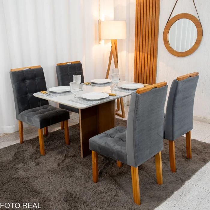 Mesa de Jantar Moscou 120x80 Cinamomo/Off Tampo Vidro Off 4 Cadeiras Londres Veludo Madeira Maciça Minas Plac - (rf) - Imagem 10
