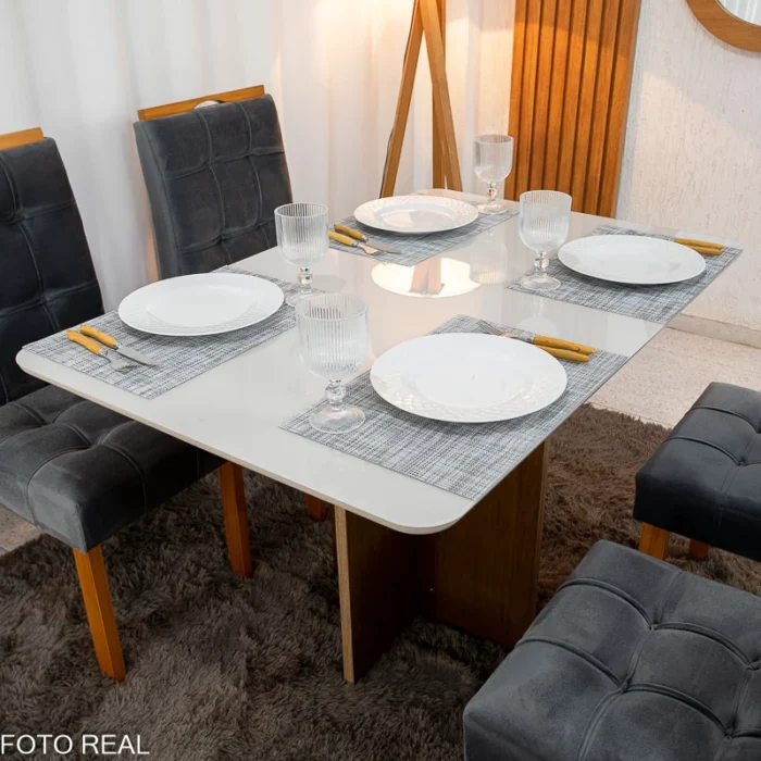 Mesa de Jantar Moscou 120x80 Cinamomo/Off Tampo Vidro Off 4 Cadeiras Londres Veludo Madeira Maciça Minas Plac - (rf) - Imagem 11