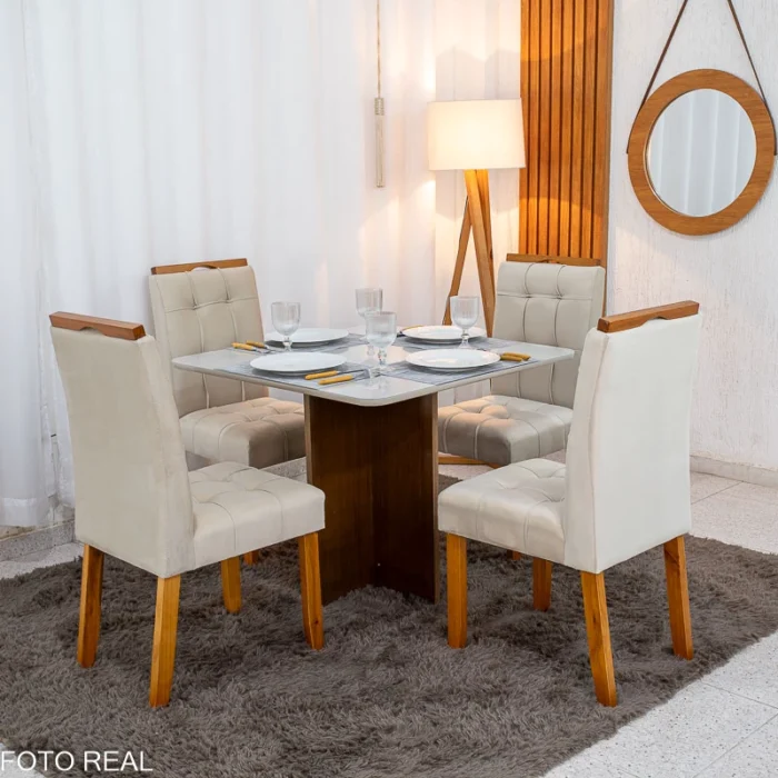 Mesa de Jantar Moscou 90x90 Cinamomo/Off Tampo Vidro Off 4 Cadeiras Londres Veludo Madeira Maciça Minas Plac - (rf) - Imagem 2