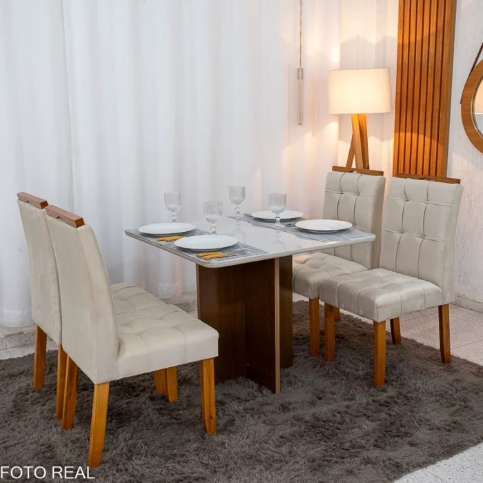 Mesa de Jantar Moscou 90x90 Cinamomo/Off Tampo Vidro Off 4 Cadeiras Londres Veludo Madeira Maciça Minas Plac - (rf) - Imagem 3
