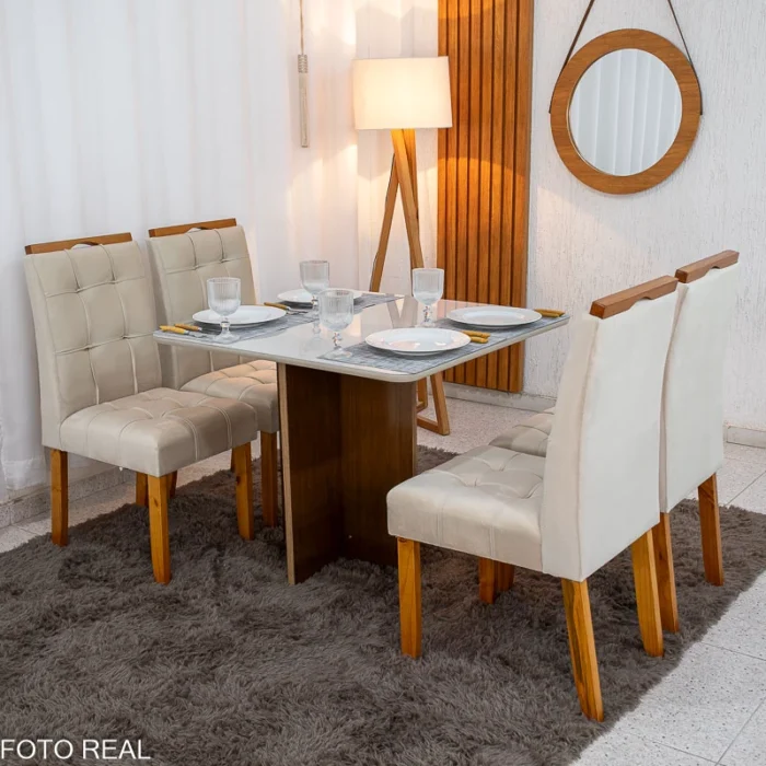 Mesa de Jantar Moscou 90x90 Cinamomo/Off Tampo Vidro Off 4 Cadeiras Londres Veludo Madeira Maciça Minas Plac - (rf) - Imagem 4