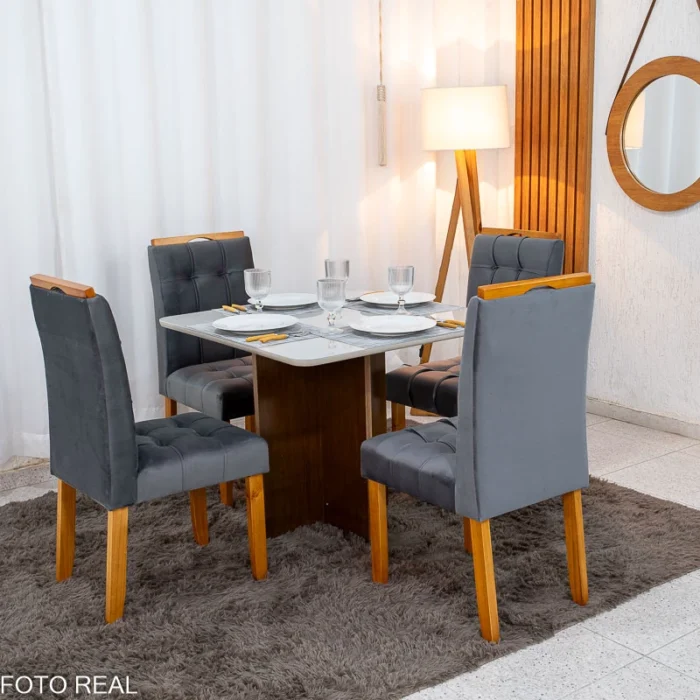 Mesa de Jantar Moscou 90x90 Cinamomo/Off Tampo Vidro Off 4 Cadeiras Londres Veludo Madeira Maciça Minas Plac - (rf) - Imagem 6