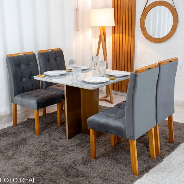 Mesa de Jantar Moscou 90x90 Cinamomo/Off Tampo Vidro Off 4 Cadeiras Londres Veludo Madeira Maciça Minas Plac - (rf)