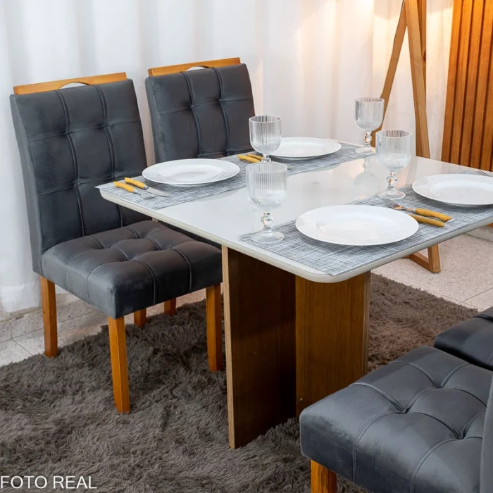 Mesa de Jantar Moscou 90x90 Cinamomo/Off Tampo Vidro Off 4 Cadeiras Londres Veludo Madeira Maciça Minas Plac - (rf) - Imagem 8