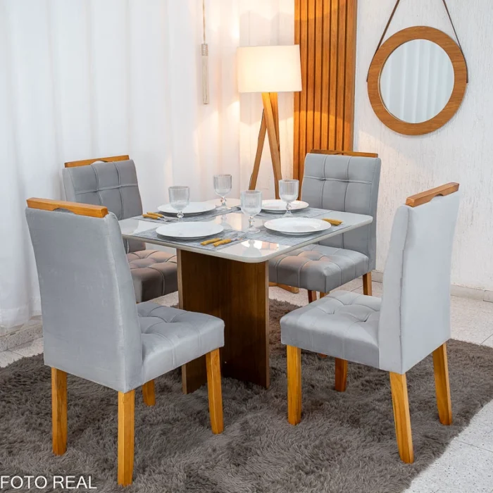 Mesa de Jantar Moscou 90x90 Cinamomo/Off Tampo Vidro Off 4 Cadeiras Londres Veludo Madeira Maciça Minas Plac - (rf) - Imagem 10